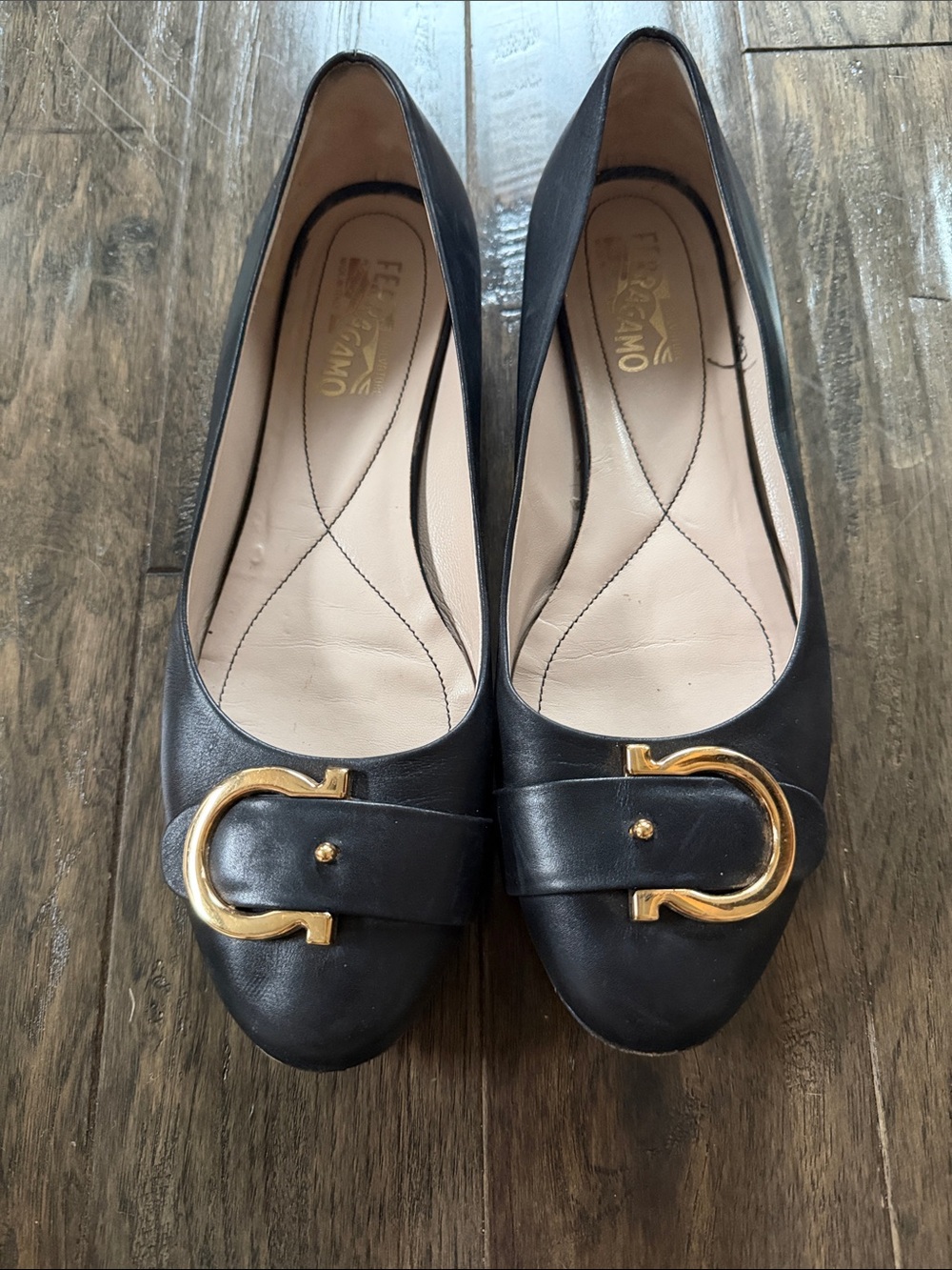 Salvatore Ferragamo Black Leather Flats with Gold Buckle
